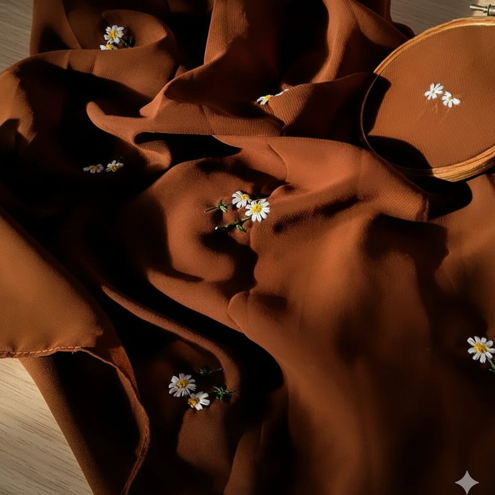 Lush and Loop Handcrafted Floral Embroidered Chiffon Scarf / Hijab