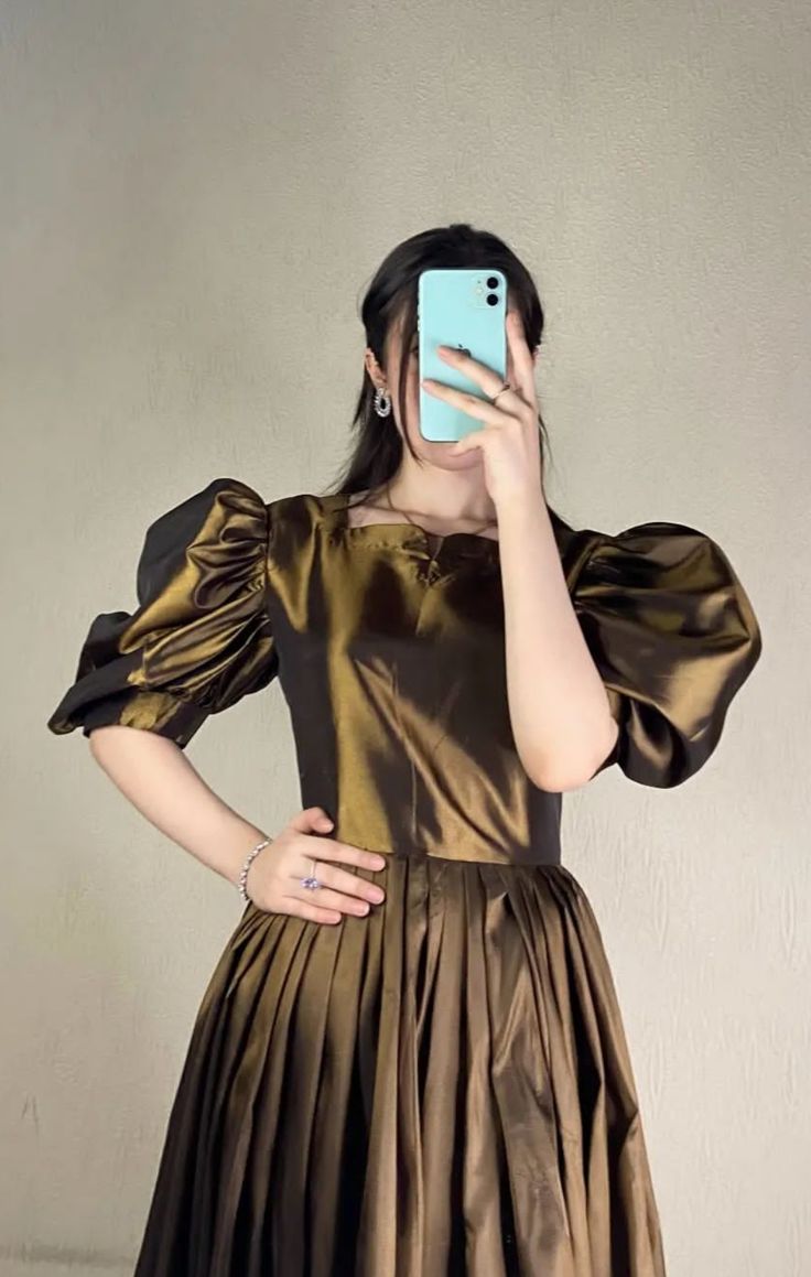 Golden Bronze Samose Puff Sleeve Flared Gown