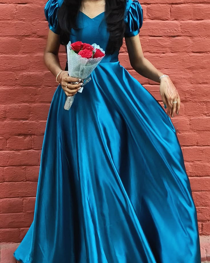 Lush & Loop Royal Teal Samose Satin Puff-Sleeve Evening Gown