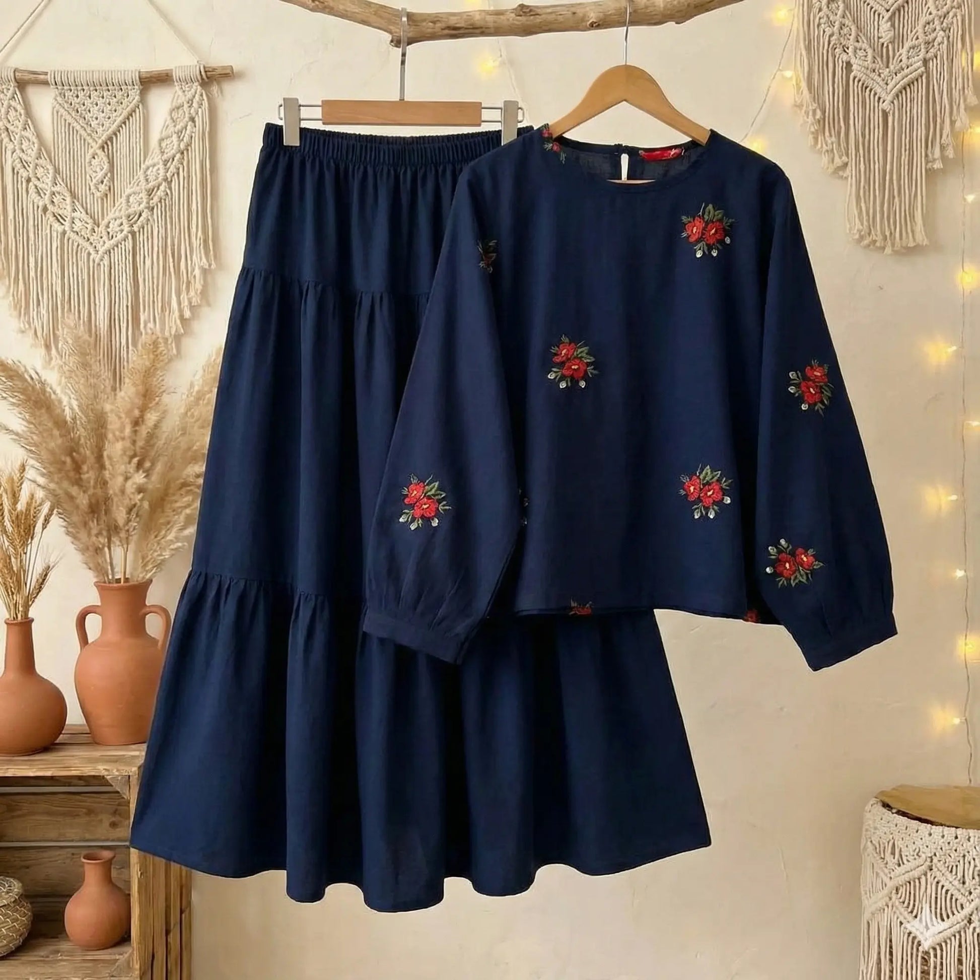Premium Cotton Floral Embroidered Top & Flared Skirt Set - Lush and Loop