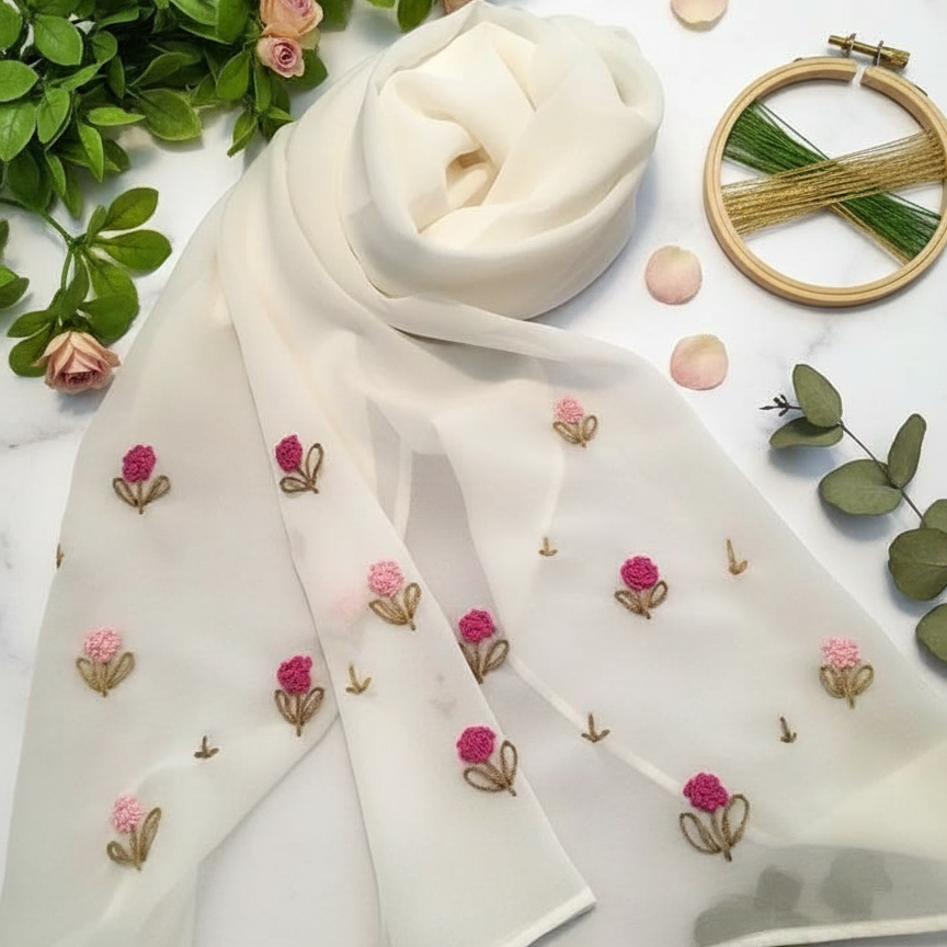 Lush and Loop Handcrafted Floral Embroidered Chiffon Scarf / Hijab