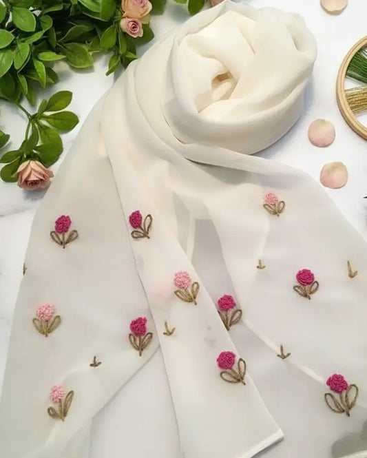 Lush and Loop Handcrafted Floral Embroidered Chiffon Scarf / Hijab - Lush and Loop