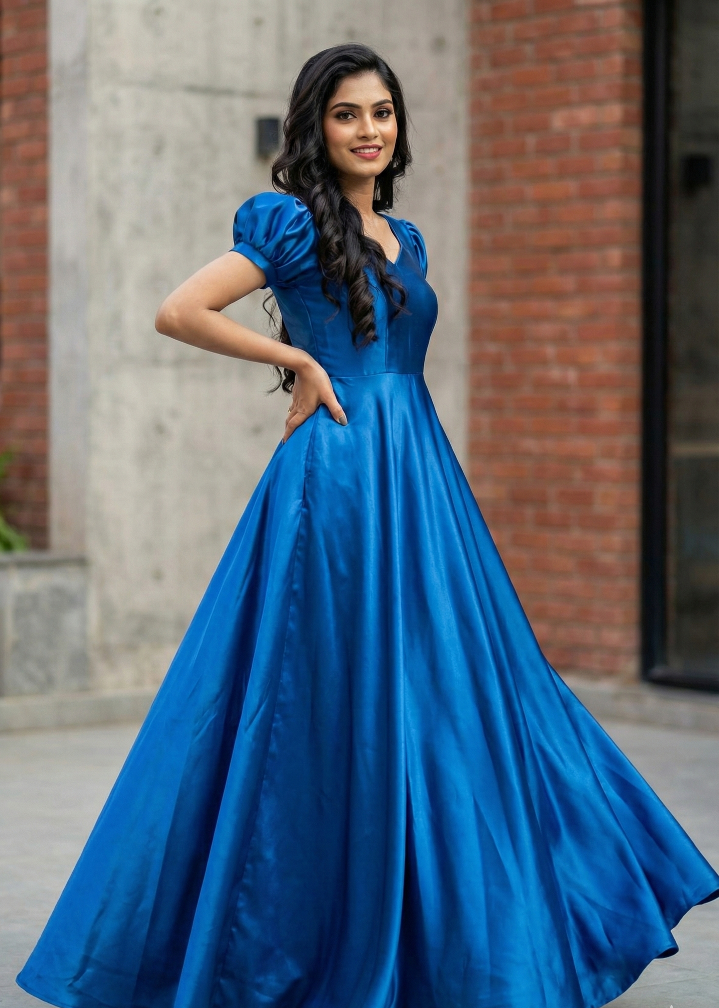 Lush & Loop Royal Teal Samose Satin Puff-Sleeve Evening Gown