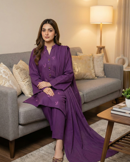 Lush and loop Unstitched Embroidered  Dress – 2pc Winter Set