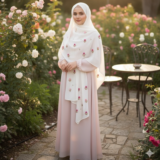 Lush and Loop Handcrafted Floral Embroidered Chiffon Scarf / Hijab