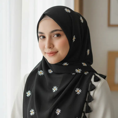 Lush and Loop Chiffon Embroidered Hijab – Elegant, Lightweight & Breathable - Lush and Loop