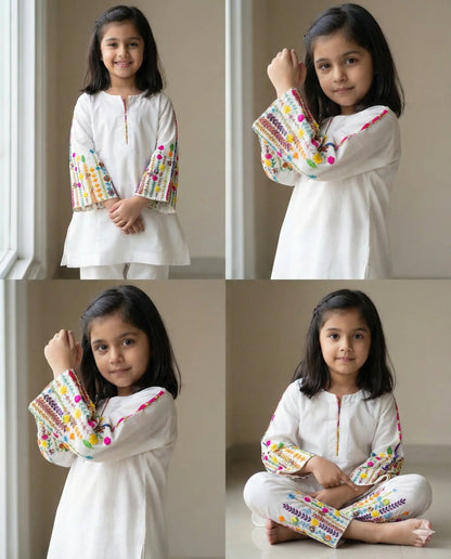 Lush and Loop Hand-Embroidered Floral White Kurta Set for Girls - Lush and Loop