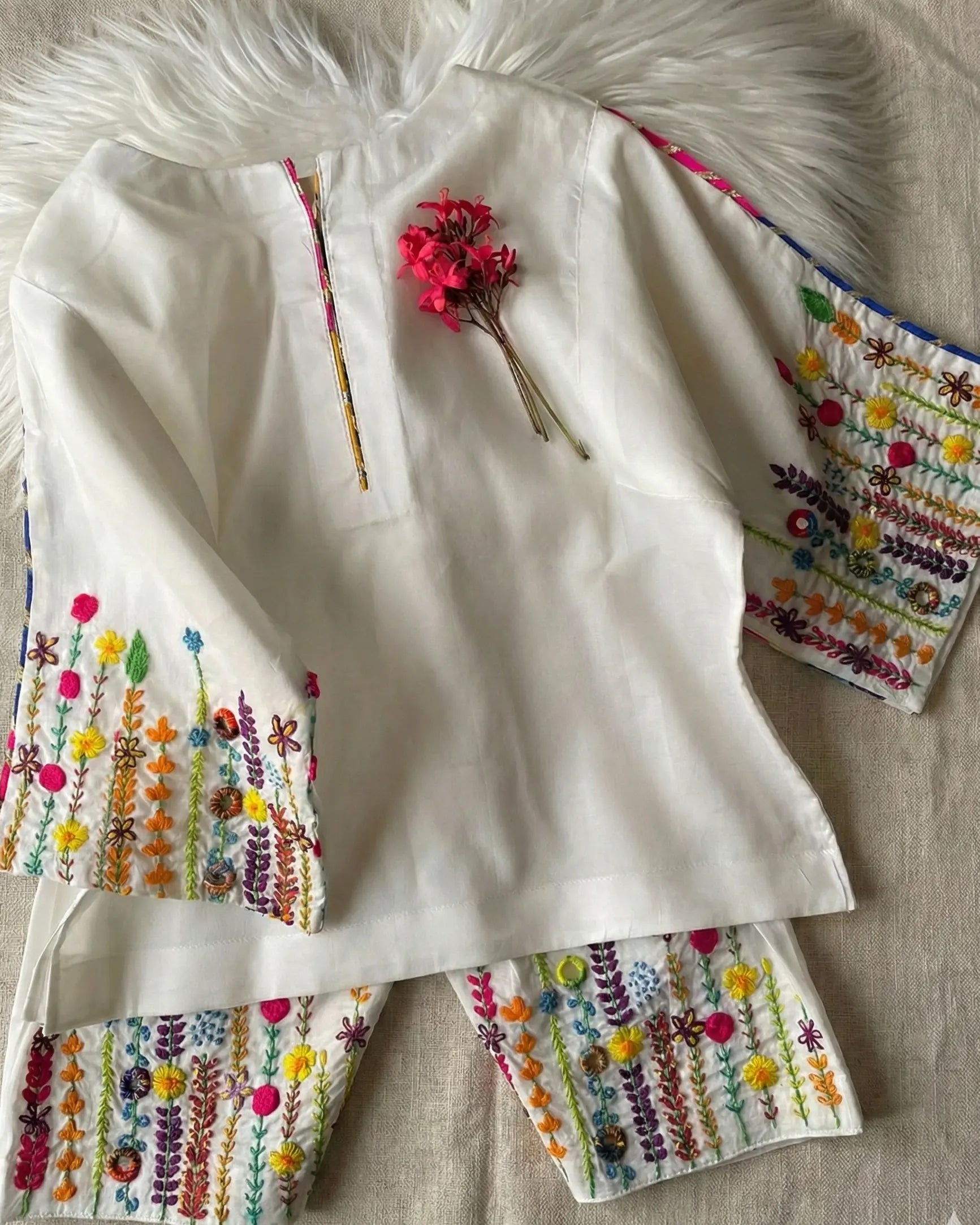 Lush and Loop Hand-Embroidered Floral White Kurta Set for Girls - Lush and Loop