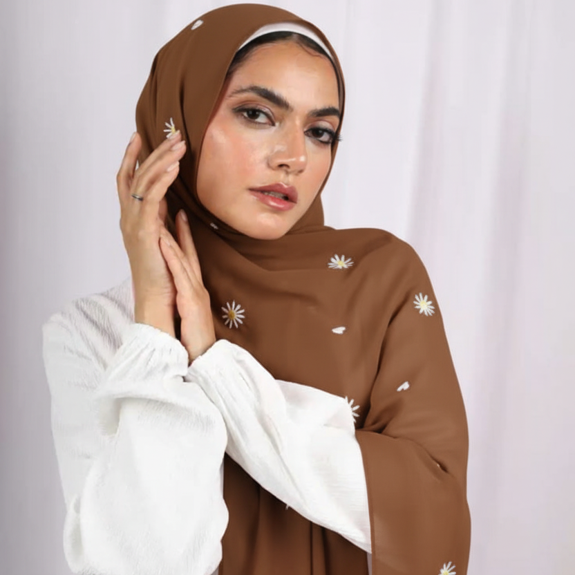 Lush and Loop Handcrafted Floral Embroidered Chiffon Scarf / Hijab
