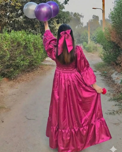 Royal purple smocked maxi dress with puff sleeves for women