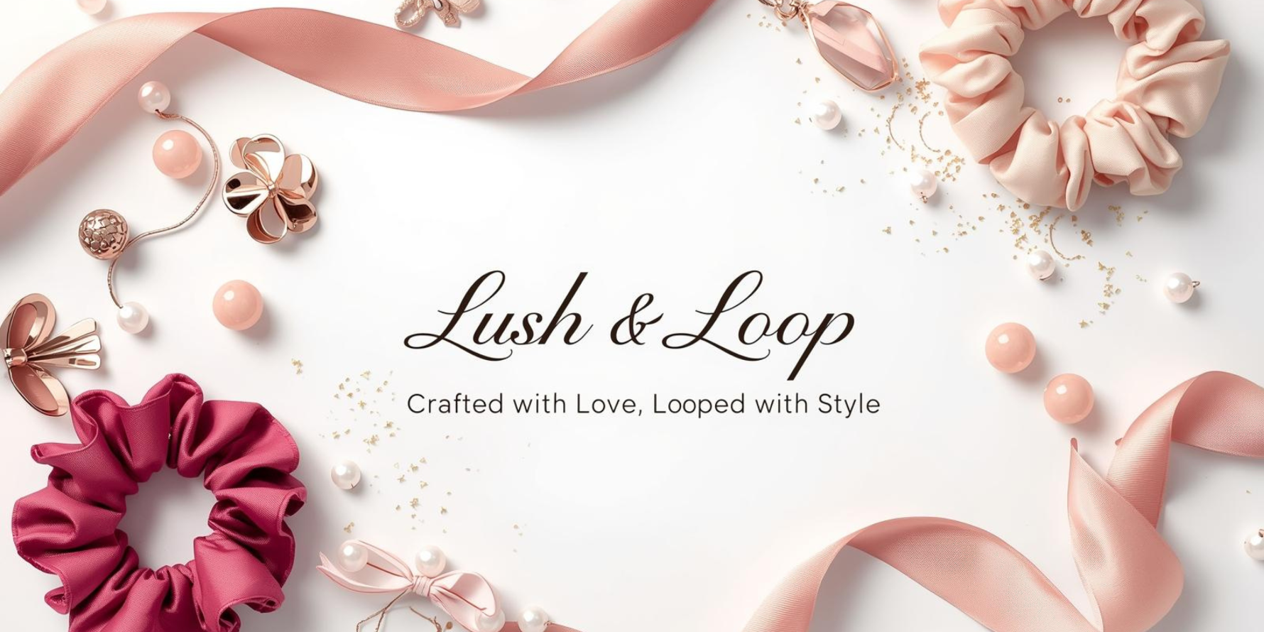 Decorative arrangement of scrunchies, ribbons, and jewelry with 'Lush & Loop' branding on a light background.