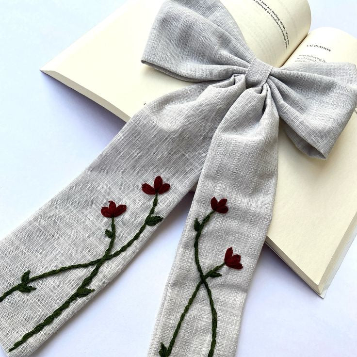 Embroidery Hair Bow__ Elegant Handmade Bow Clip for Girls | Lush and Loop