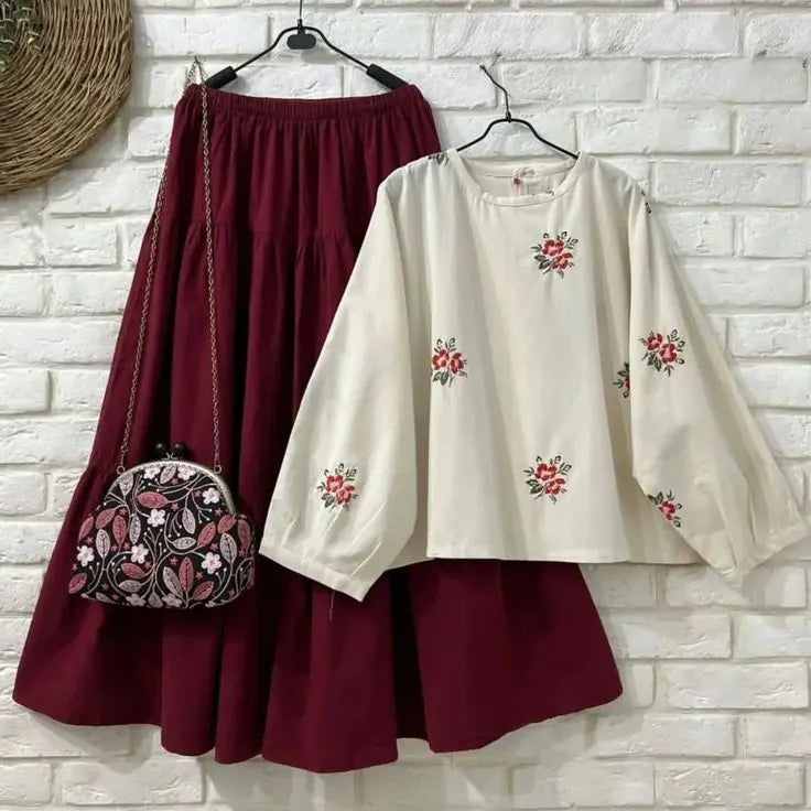 Premium Cotton Floral Embroidered Top & Flared Skirt Set - Lush and Loop