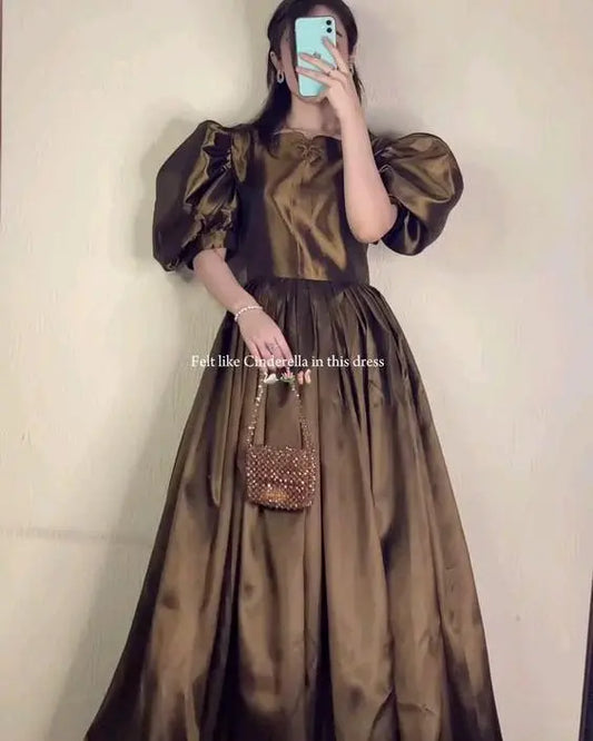 Golden Bronze Samose Puff Sleeve Flared Gown - Lush and Loop