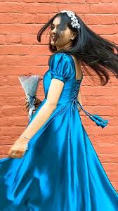 Lush & Loop Royal Teal Samose Satin Puff-Sleeve Evening Gown