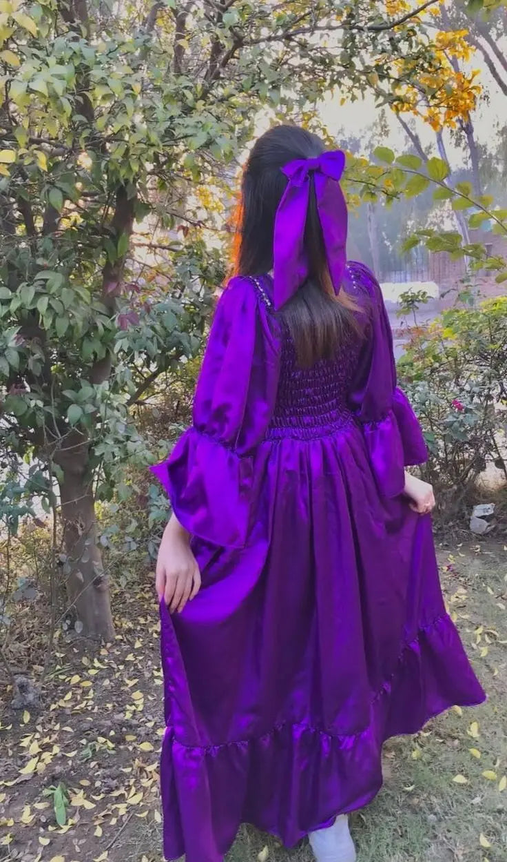 Women wearing royal purple puff sleeve maxi dress