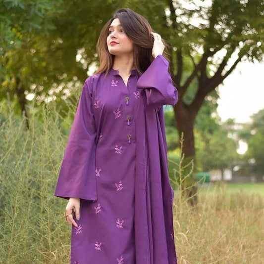 Lush and loop Unstitched Embroidered  Dress – 2pc Winter Set