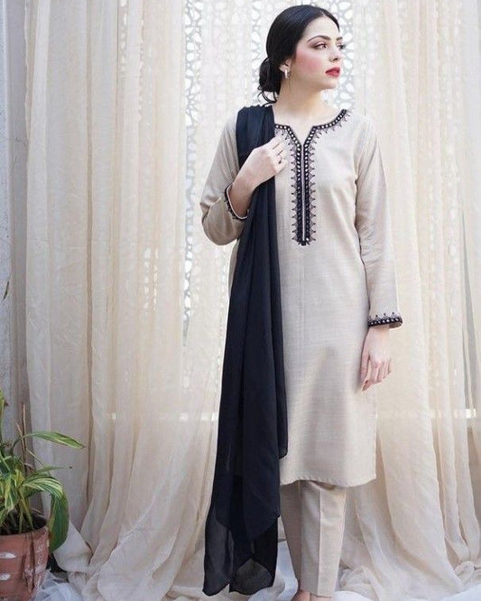 Lush and loop Unstitched Embroidered  Dress – 2pc Winter Set