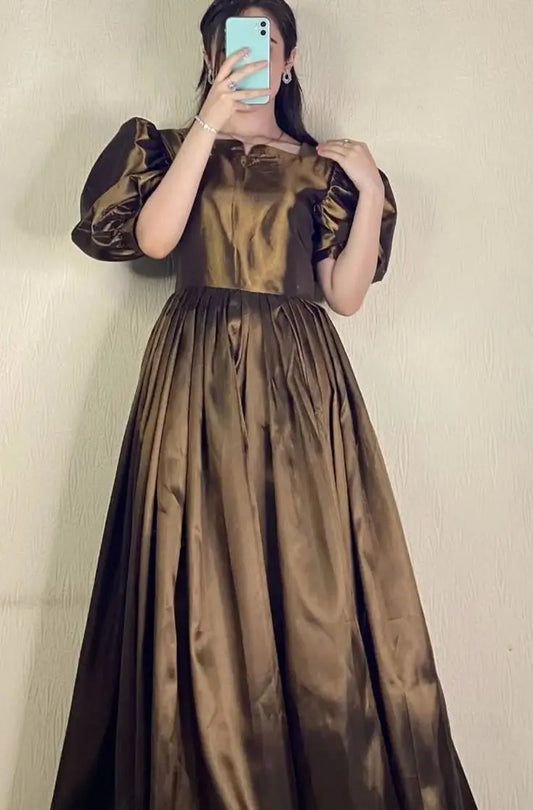 Golden Bronze Samose Puff Sleeve Flared Gown - Lush and Loop