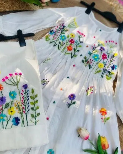 Lush and Loop Hand-Embroidered Floral Khadar Dress - Lush and Loop