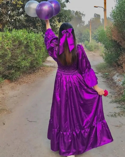 Royal purple smocked maxi dress with puff sleeves for women
